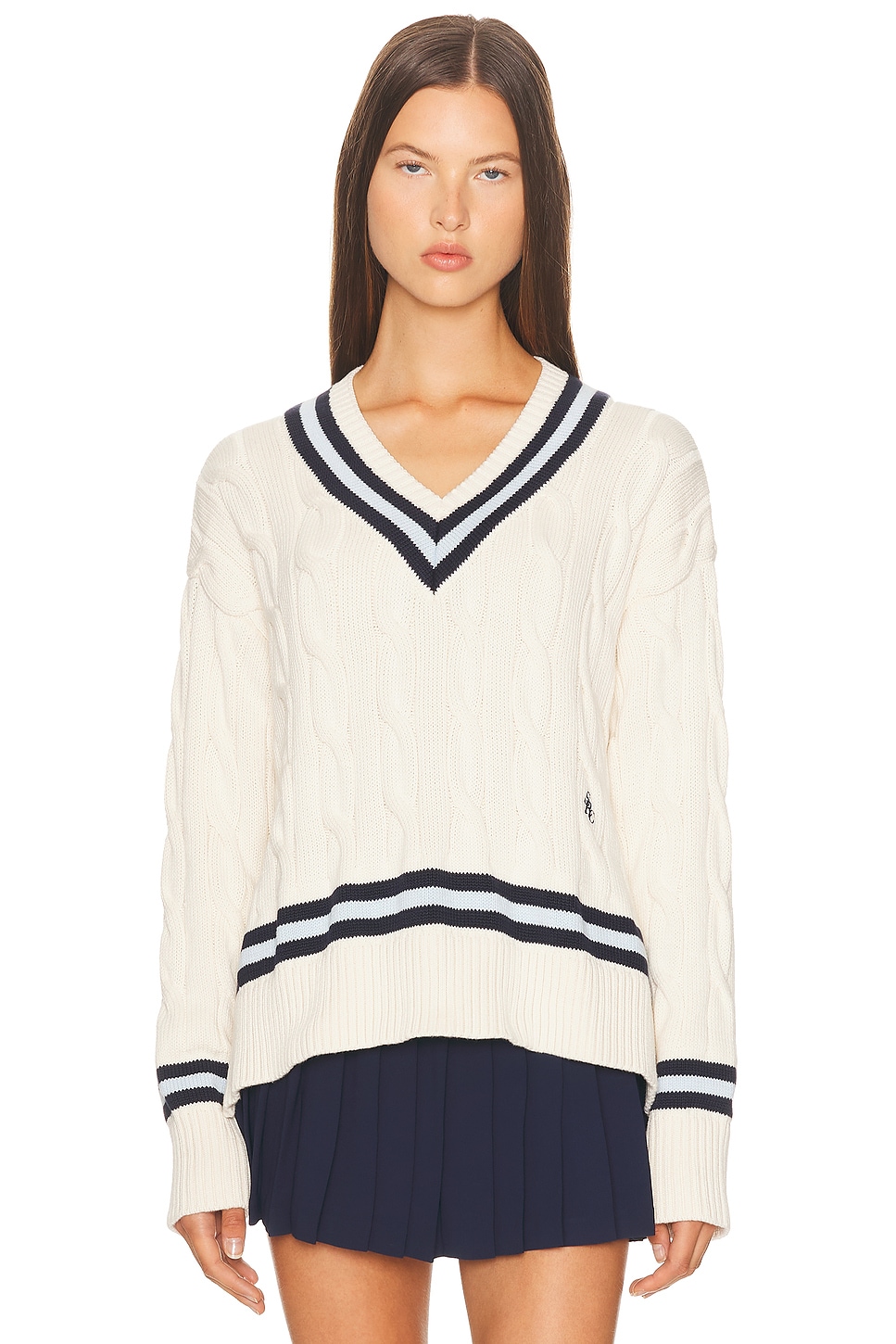 Image 1 of Sporty & Rich Cableknit V Neck Sweater in Ecru, Dark Navy, & Ciel