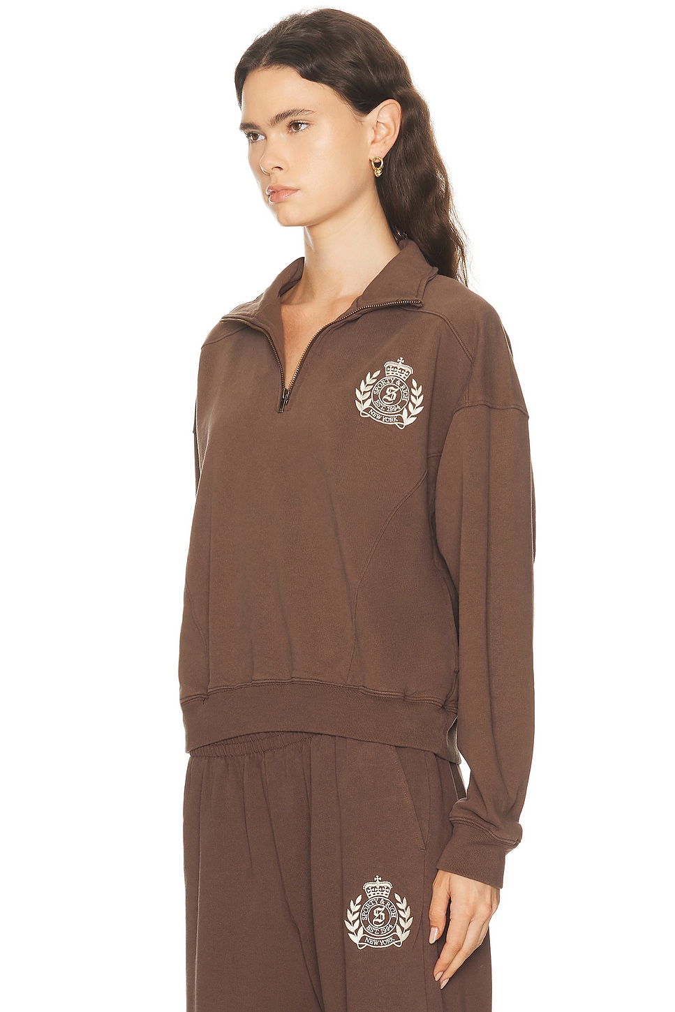 Sporty And Rich Ny Crest Embroidered Quarter Zip Sweatshirt In Brown