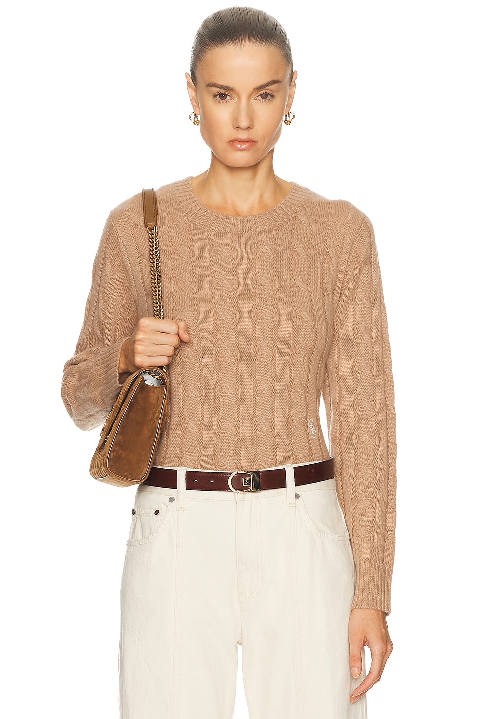 Image 1 of Sporty & Rich SRC Cableknit Cashmere Sweater in Camel