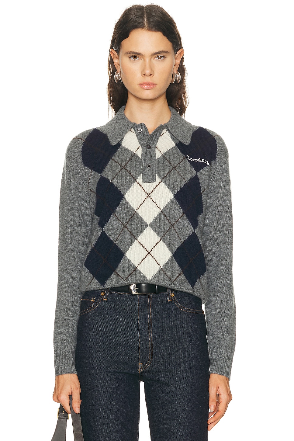 Image 1 of Sporty & Rich Serif Logo Cashmere Polo Sweater in Gray