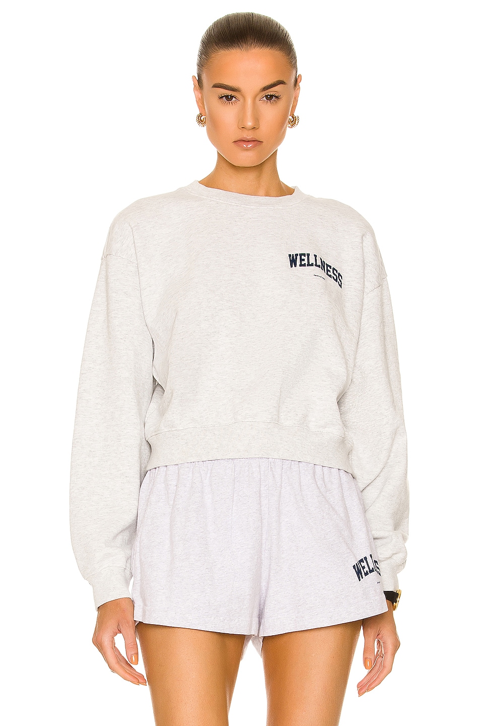 Image 1 of Sporty & Rich Wellness Ivy Cropped Crewneck Sweatshirt in Heather Gray & Navy