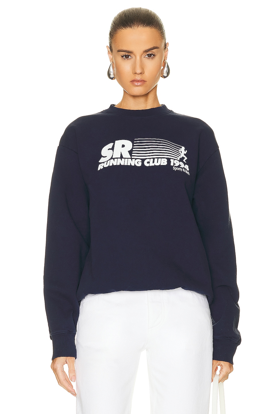 Image 1 of Sporty & Rich SR Running Club Crewneck Sweatshirt in Navy & White