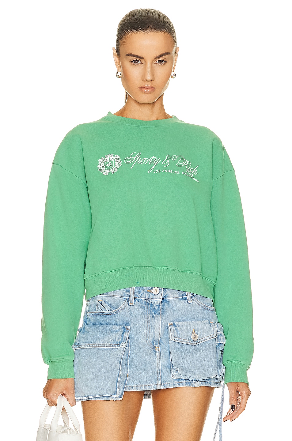 Image 1 of Sporty & Rich Regal Cropped Crewneck Sweatshirt in Green & White