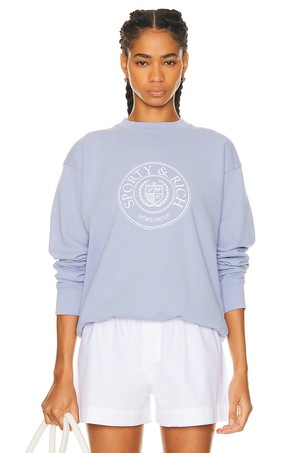 Image 1 of Sporty & Rich Connecticut Crest Crewneck Sweater in Washed Periwinkle