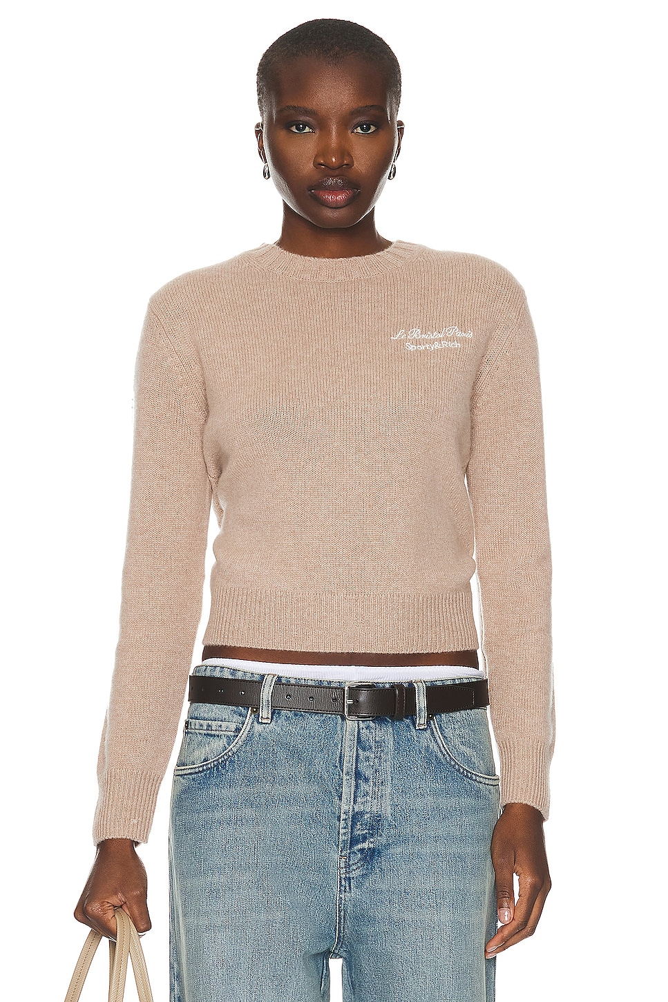Image 1 of Sporty & Rich X Le Bristol Paris Faubourg Cashmere Crewneck Sweater in Heather Oatmeal White