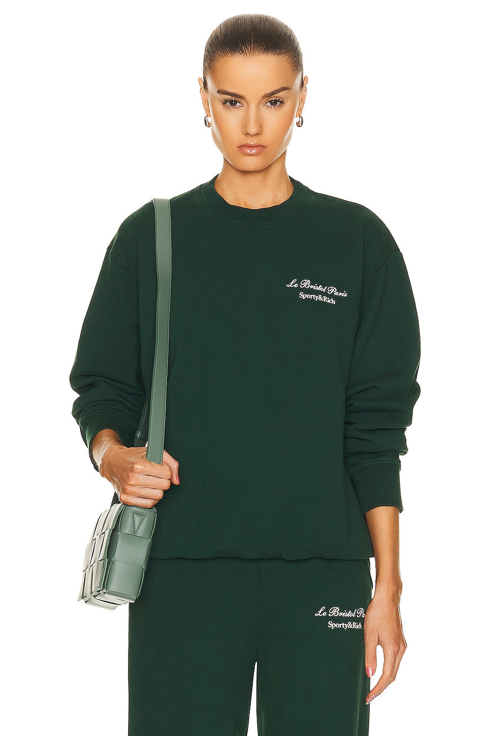 Image 1 of Sporty & Rich X Le Bristol Paris Faubourg Crewneck Sweater in Forest Green Cream