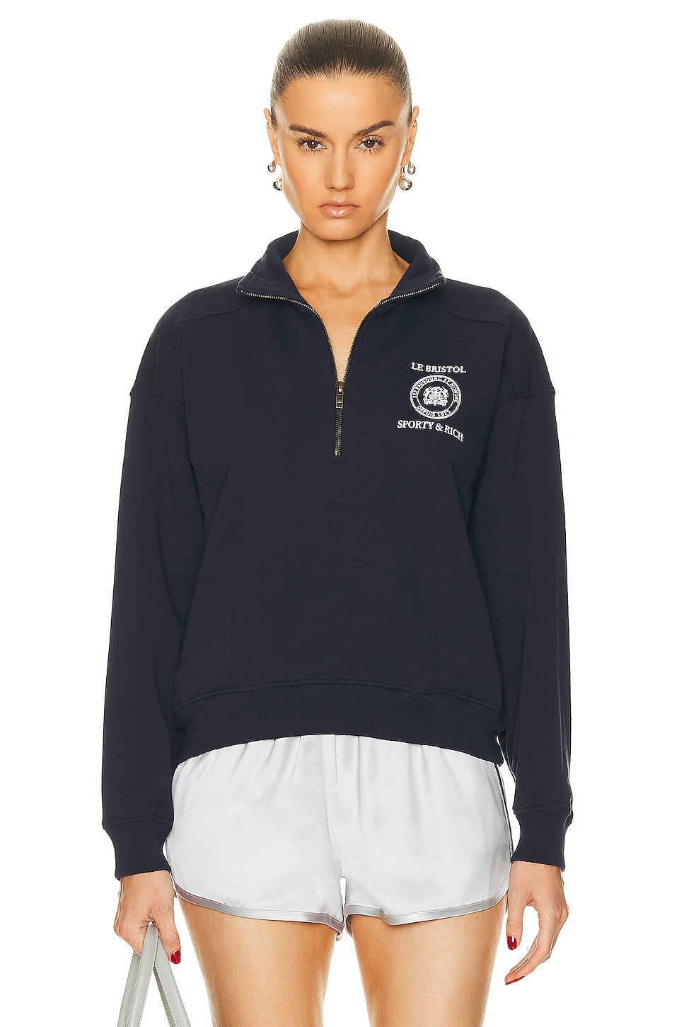 Image 1 of Sporty & Rich X Le Bristol Paris Crest Seal Quarter Zip Sweater in Navy White