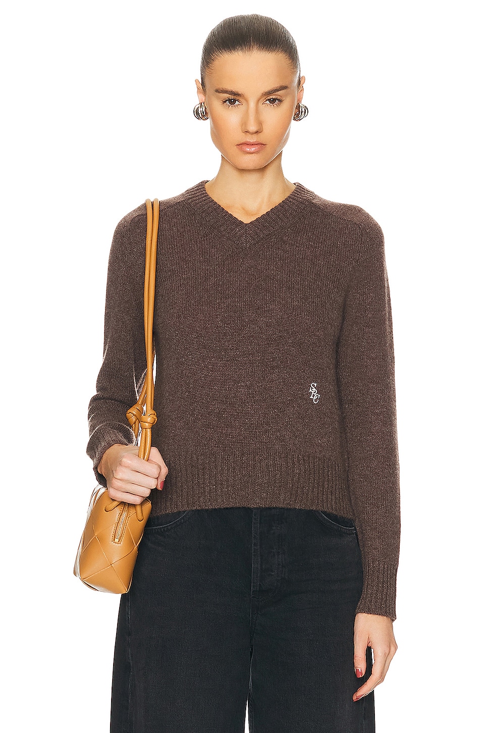 Image 1 of Sporty & Rich V Neck Cashmere Sweater in Brown