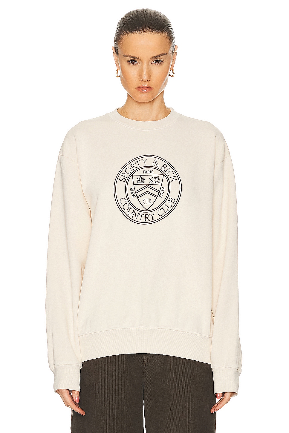 Image 1 of Sporty & Rich Connecticut Crest Crewneck Sweater in Cream
