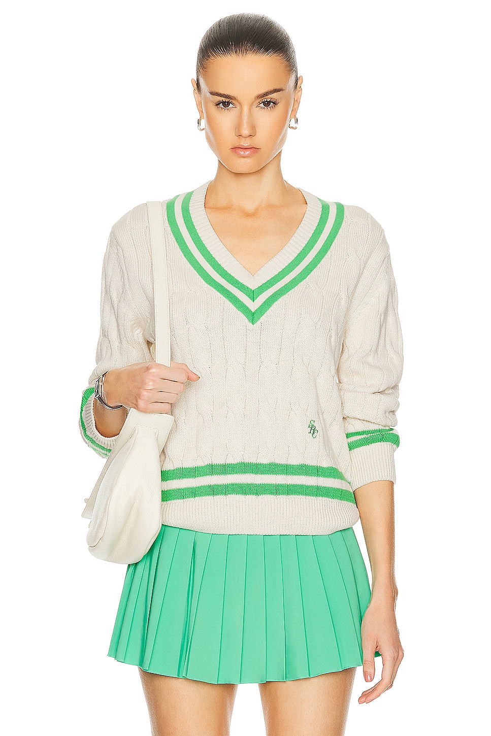 Image 1 of Sporty & Rich Cableknit V-Neck Sweater in Cream & Clean Mint