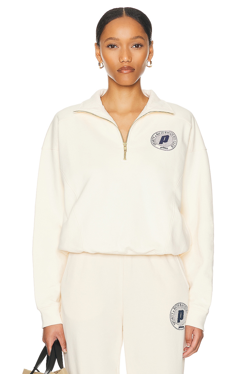 Image 1 of Sporty & Rich Net Quarter Zip Sweatshirt in Cream & Navy