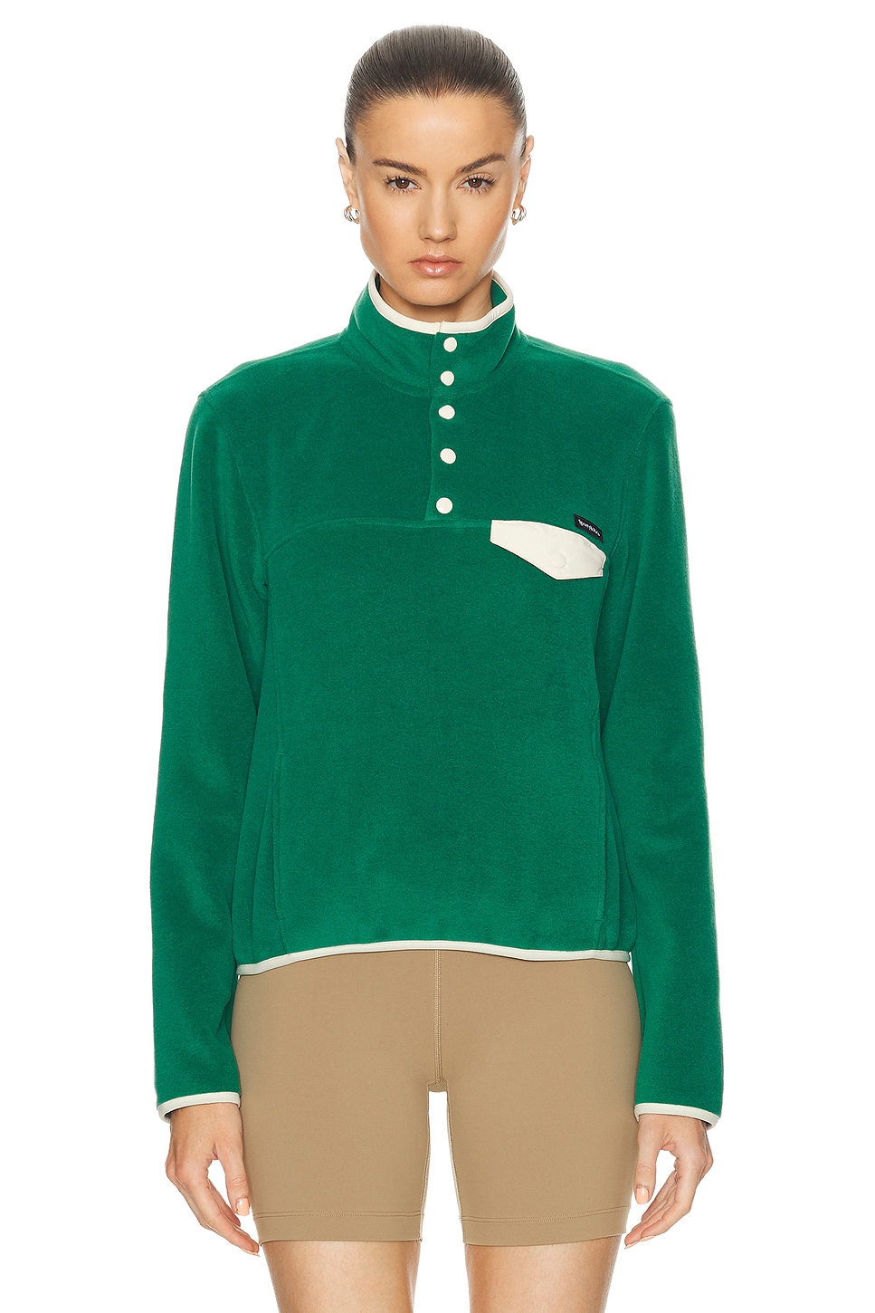 Image 1 of Sporty & Rich Buttoned Polar Sweatshirt in Green & Cream