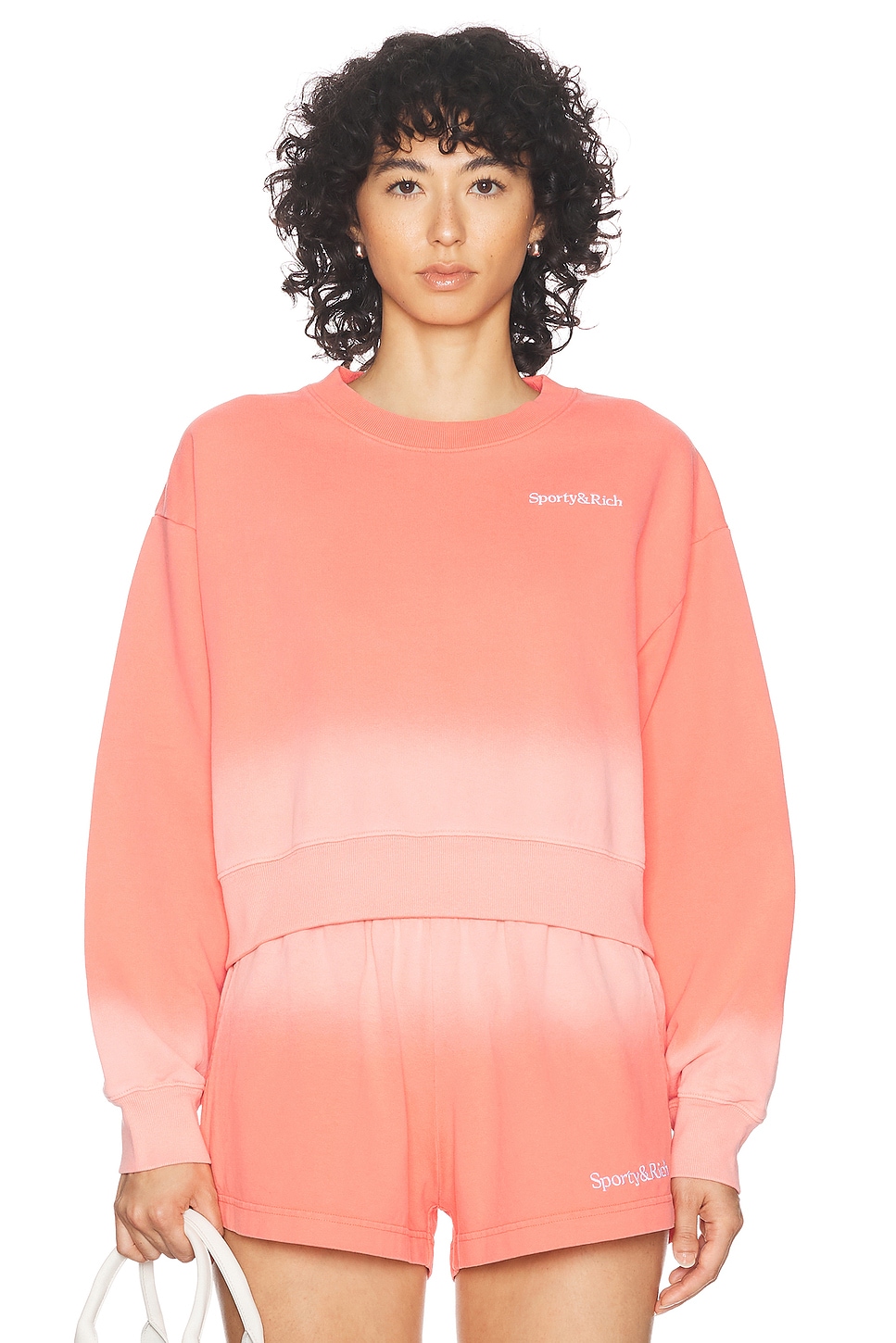Image 1 of Sporty & Rich Serif Logo Embroidered Cropped Crewneck Sweatshirt in Dip Dye Pink & White