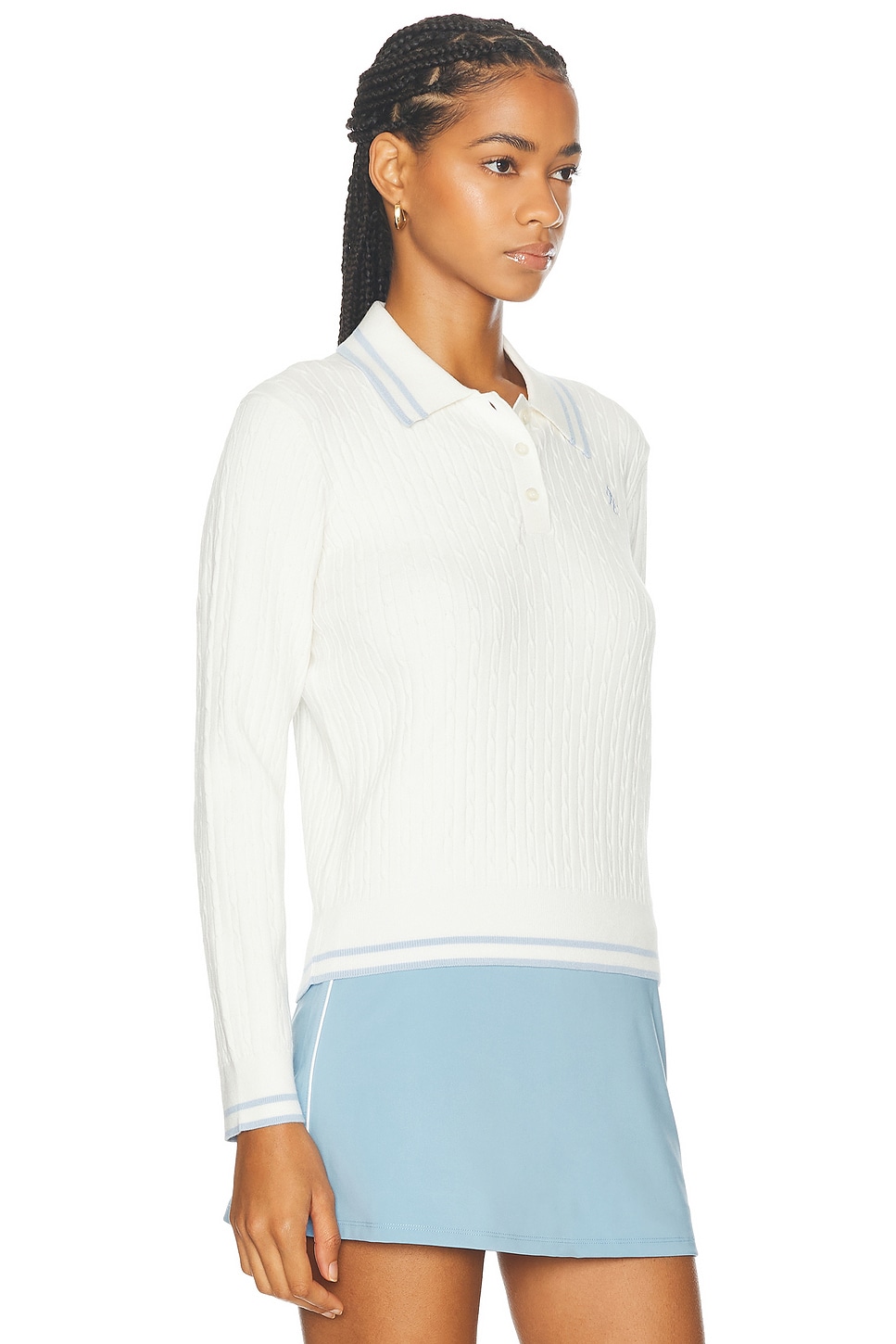 Shop Sporty And Rich Cable Knit Polo Sweater In Off White & China Blue