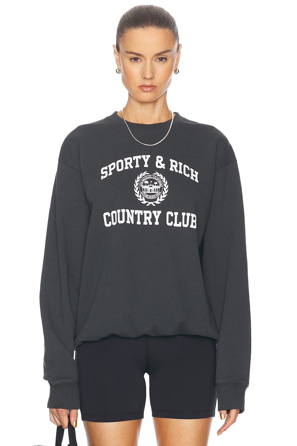 Image 1 of Sporty & Rich Varsity Crest Crewneck Sweatshirt in Black & White