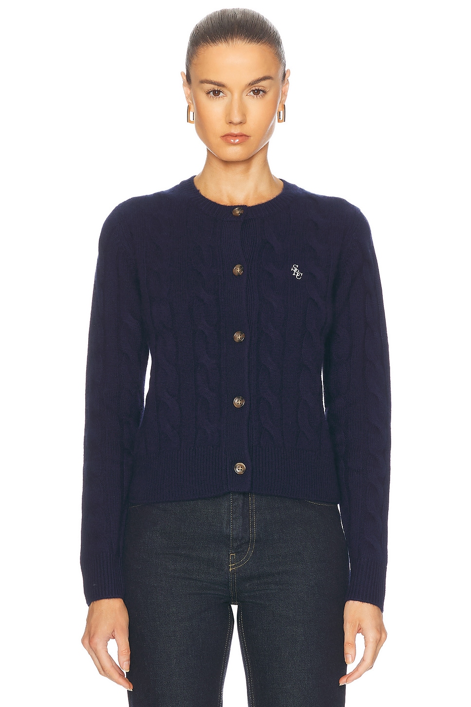 Cable Knit Cashmere Cardigan in Navy