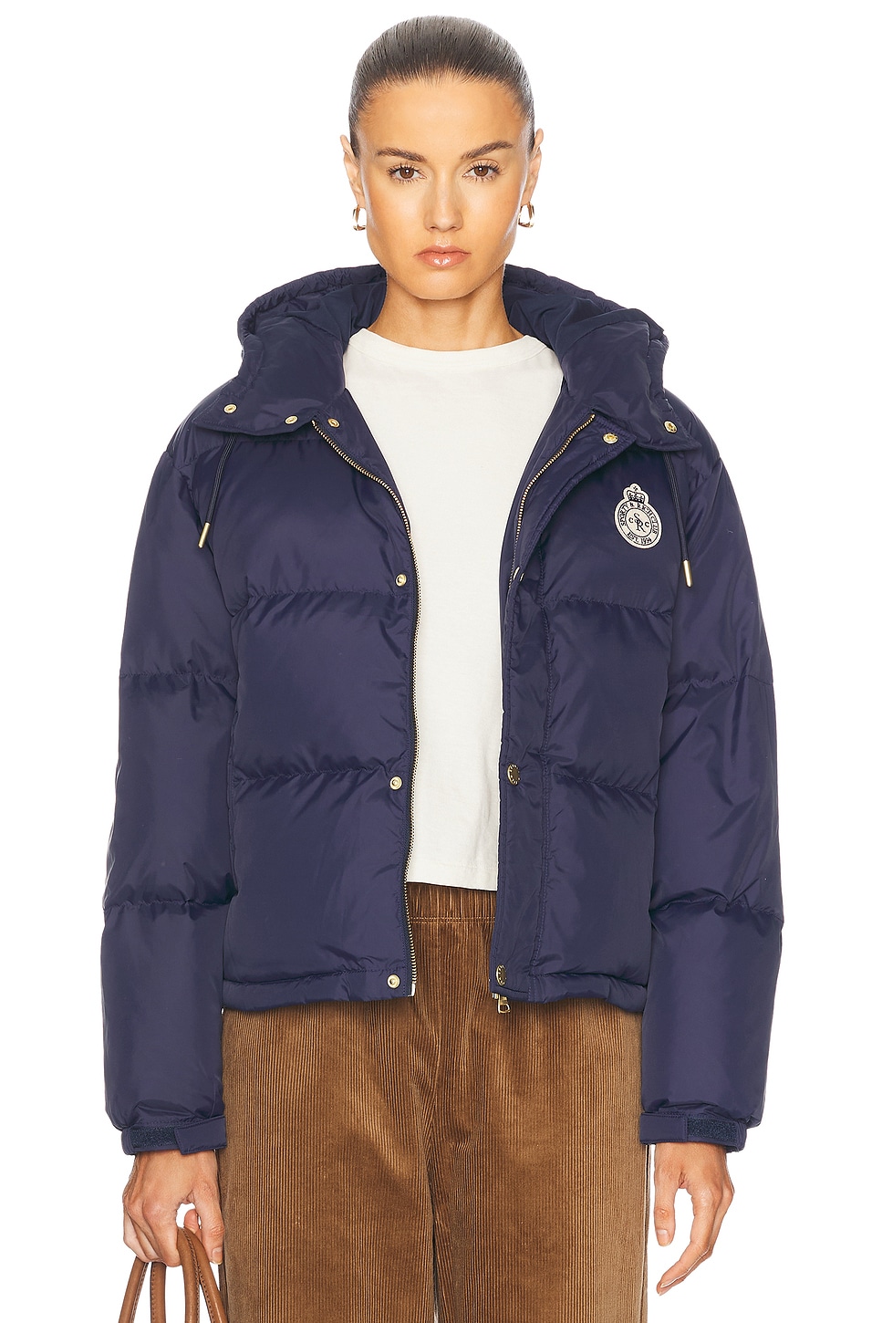 Crown Logo Hooded Down Jacket in Navy