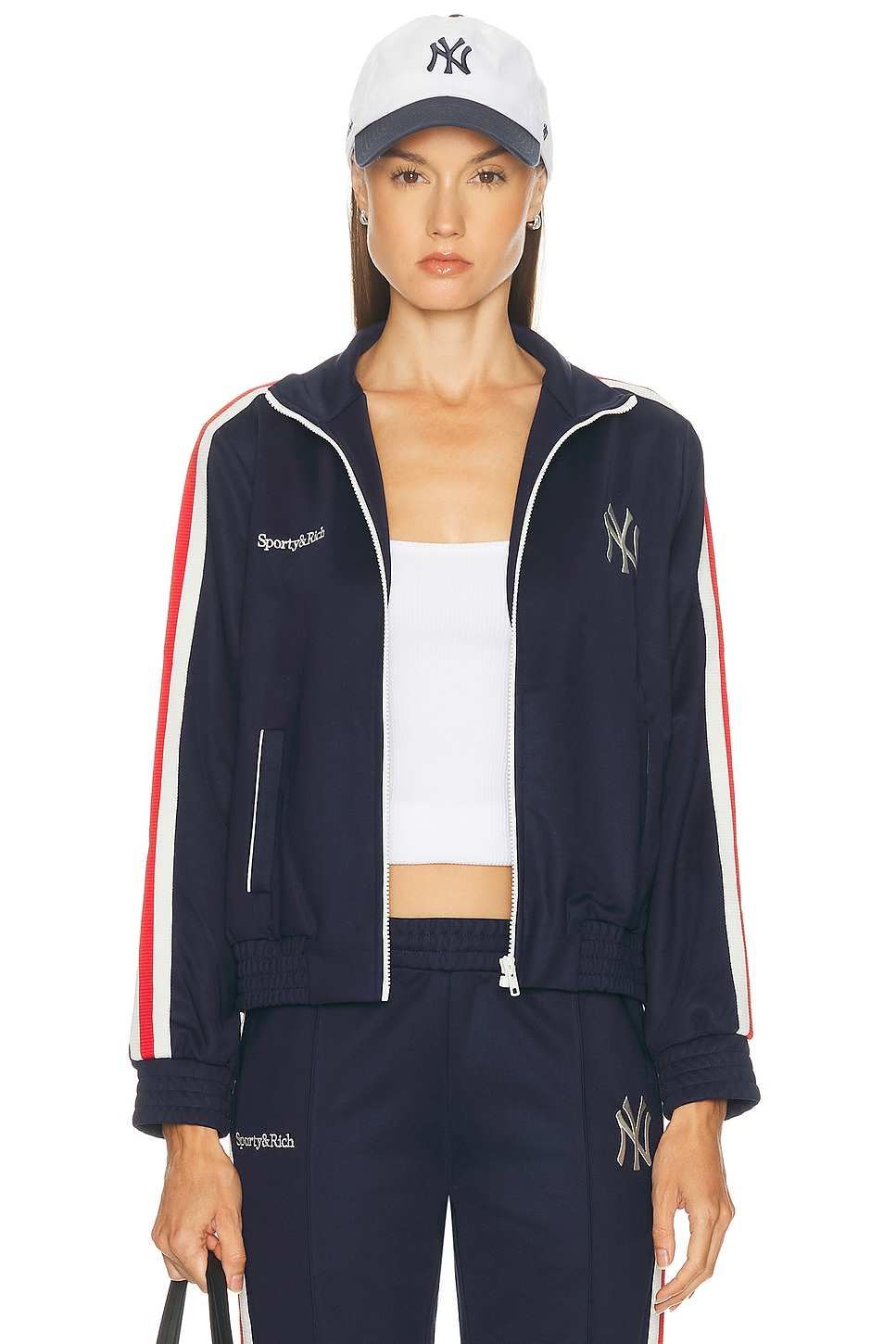 Image 1 of Sporty & Rich X NY Yankees Serif Track Jacket in Dark Navy, White, & Fire Red
