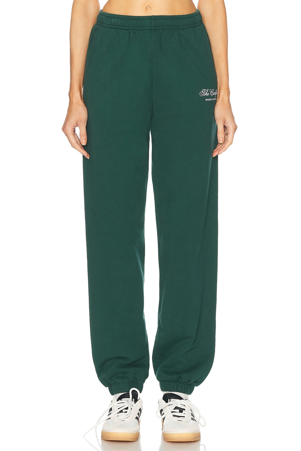 X Hotel Carlyle Script Embroidered Sweatpant in Dark Green