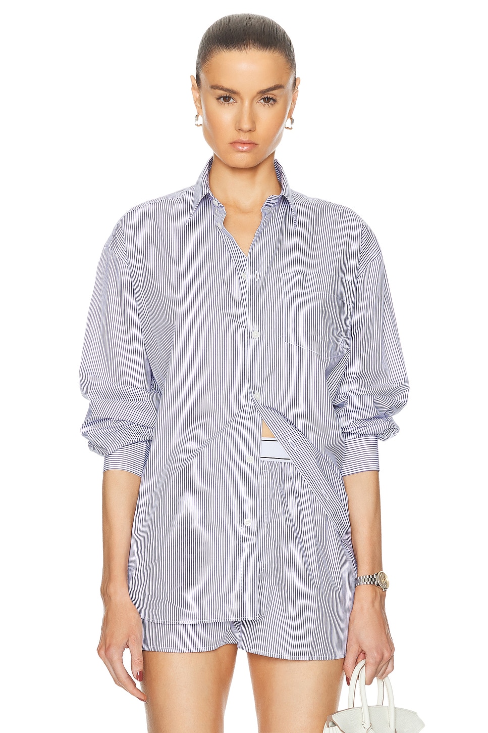 Image 1 of Sporty & Rich Embroidered Oversized Shirt in White & Navy Thin Stripe