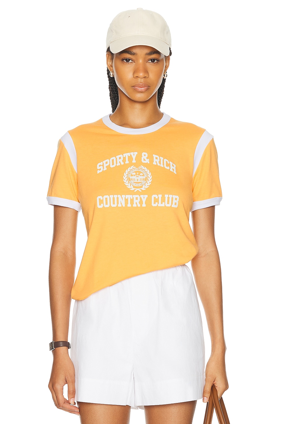 Image 1 of Sporty & Rich Varsity Crest Sports Tee in Faded Gold & White