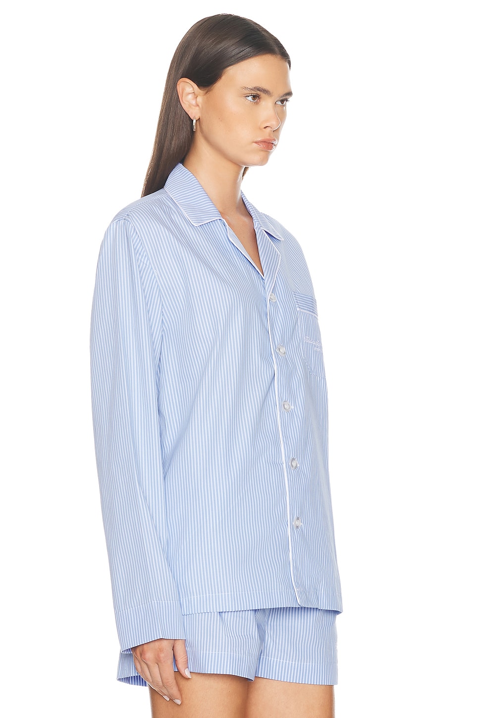 Shop Sporty And Rich Hotel Du Cap Cursive Pyjama Top In Blue & White Thin Stripe