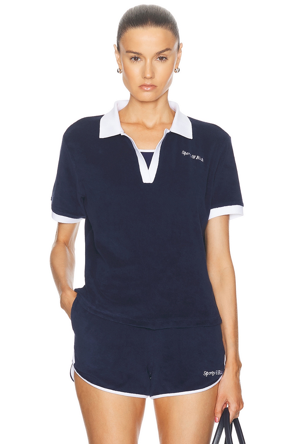 Image 1 of Sporty & Rich Italic Logo Terry Polo Top in Navy & White