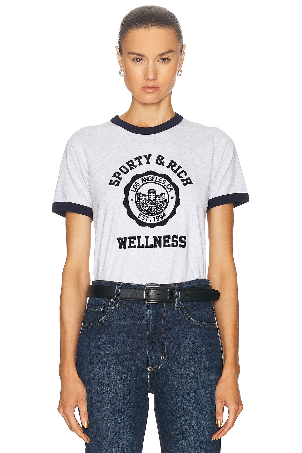 Sporty And Rich Emblem Flocked Ringer Tee In Heather Grey & Navy