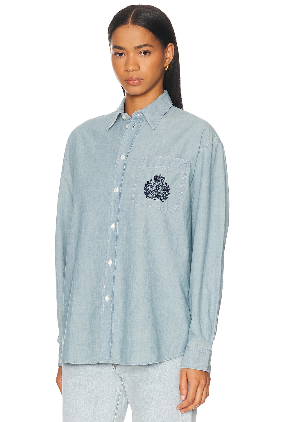 Sporty And Rich Health & Wellness Crest Oversized Button Down Top In Chambray