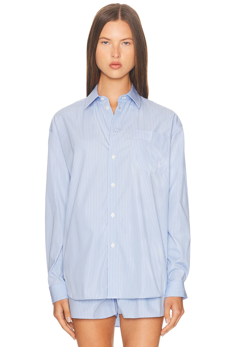 Image 1 of Sporty & Rich Oversized Button Down Top in Light Blue Striped