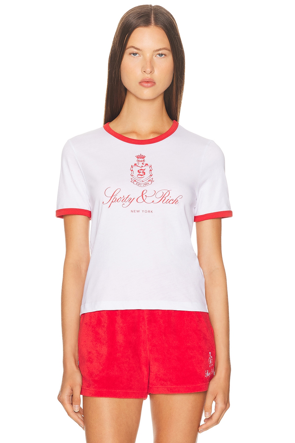 Image 1 of Sporty & Rich Vendome Ringer Tee in White & Fire Red