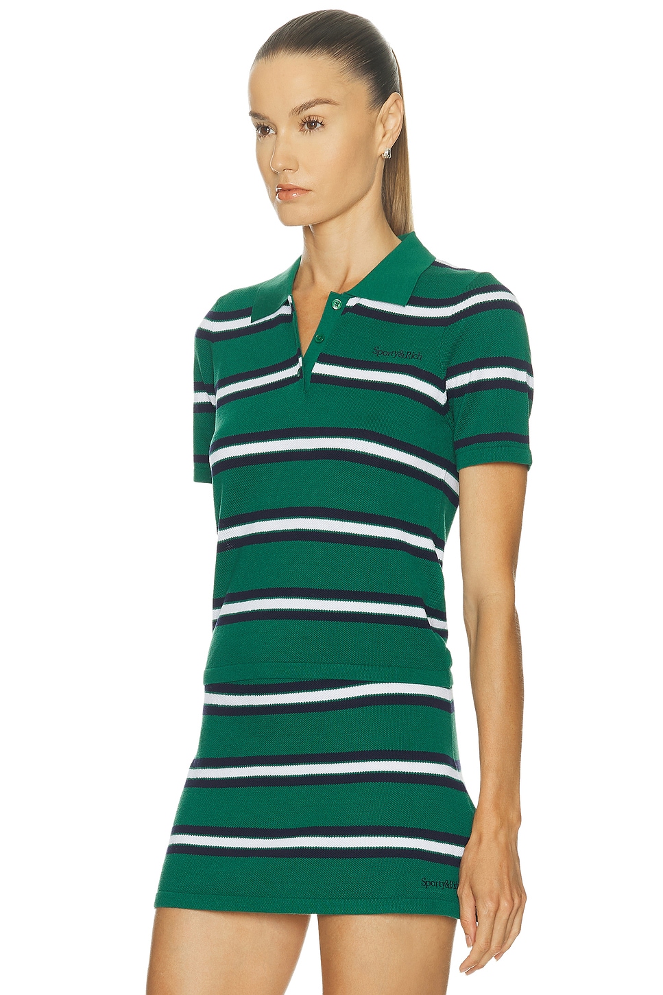 SPORTY & RICH Serif Logo Silk Pique Cropped Polo Top thumbnail
