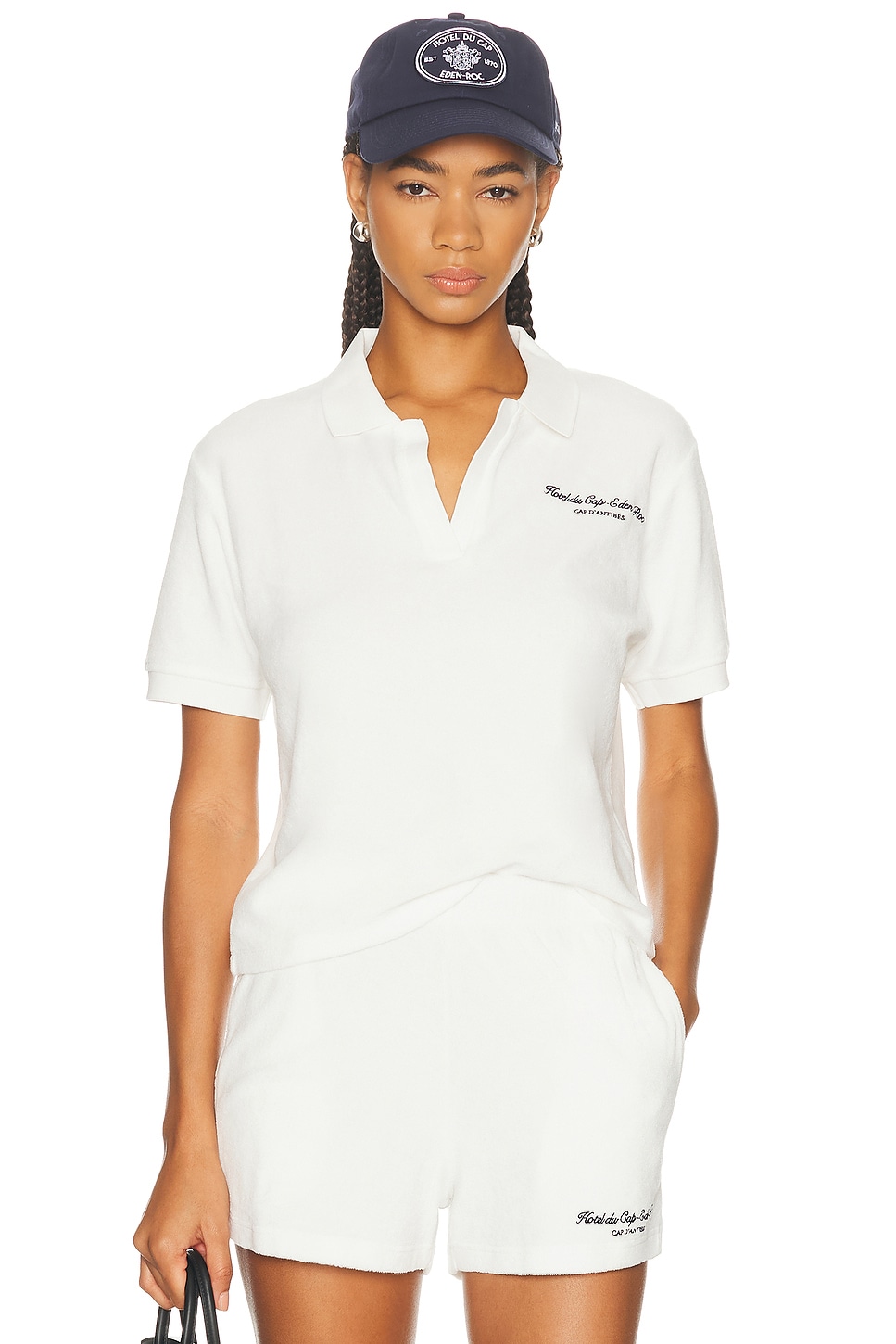 Sporty And Rich X Hotel Du Cap Eden Roc Eden Script Terry Polo Top In White