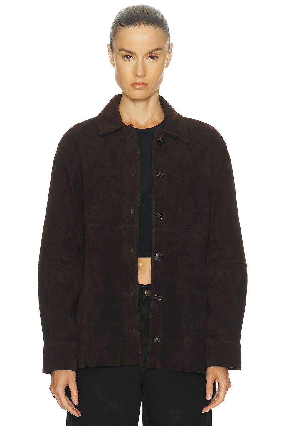 Image 1 of Staud Josette Suede Shirt in Espresso