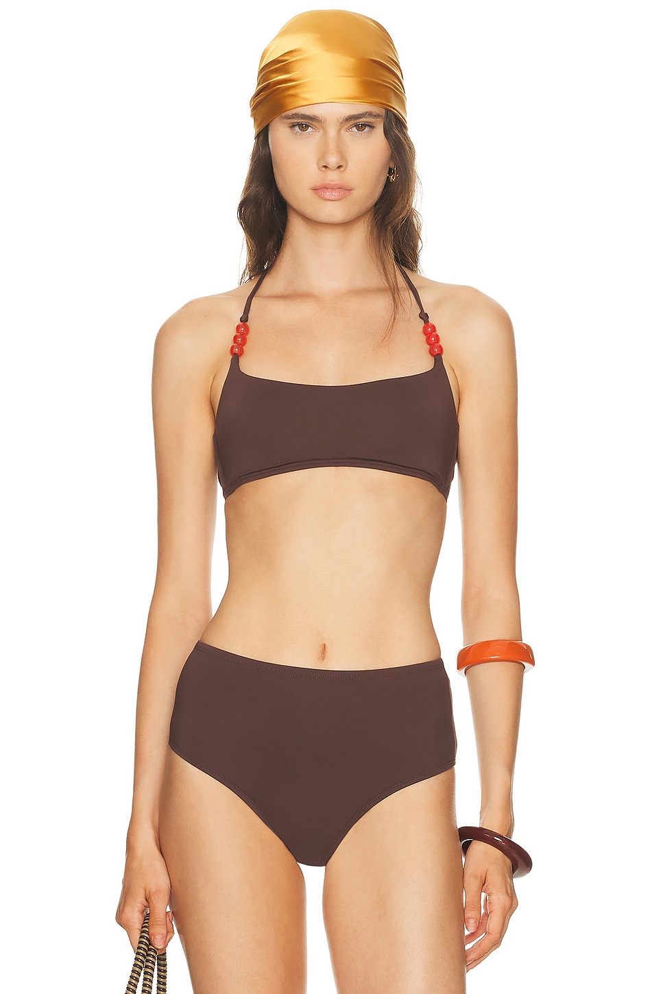 Image 1 of Staud Laird Bikini Top in Dark Chocolate & Flame