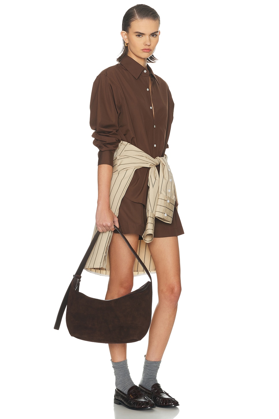 Staud Demy Large Leather-trimmed Suede Shoulder Bag In Brown