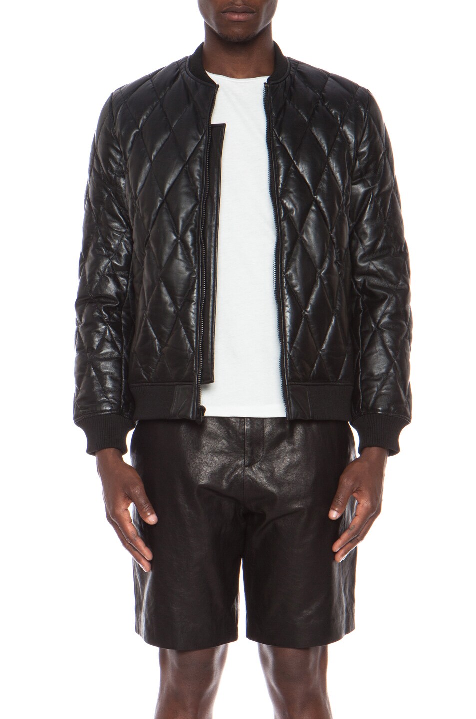 Image 1 of Stampd Quilted Leather Bomber in Black