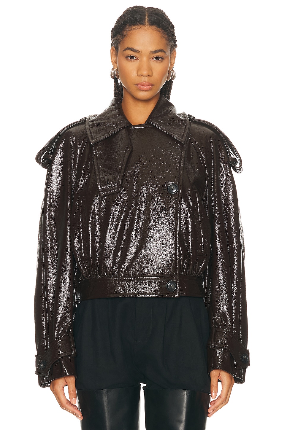 Sportmax Short Trench Coat With Patent Effect And Bomber Inspired Details In Brown