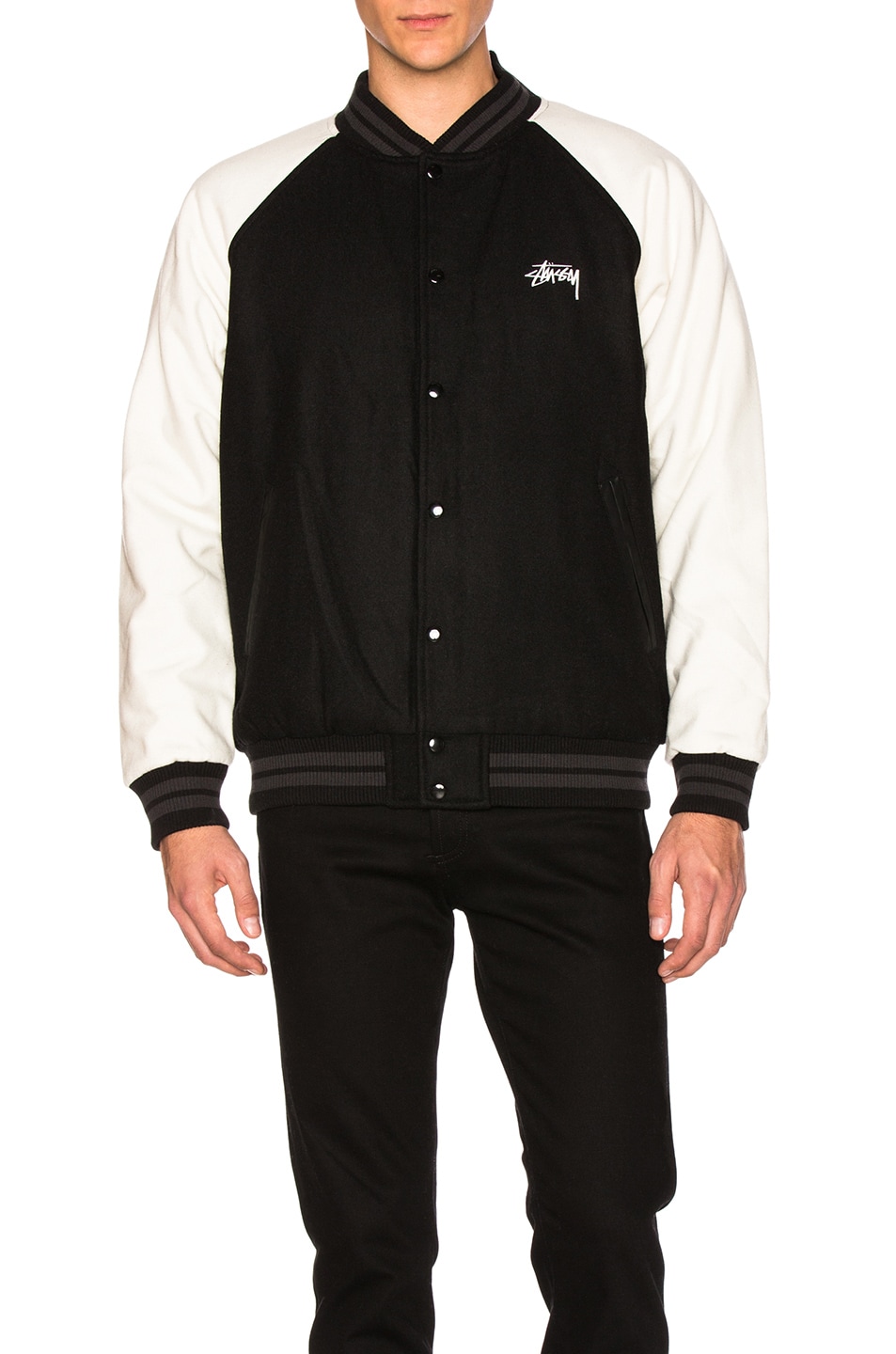 Image 1 of Stussy Two Tone Wool Varsity Jacket in Black