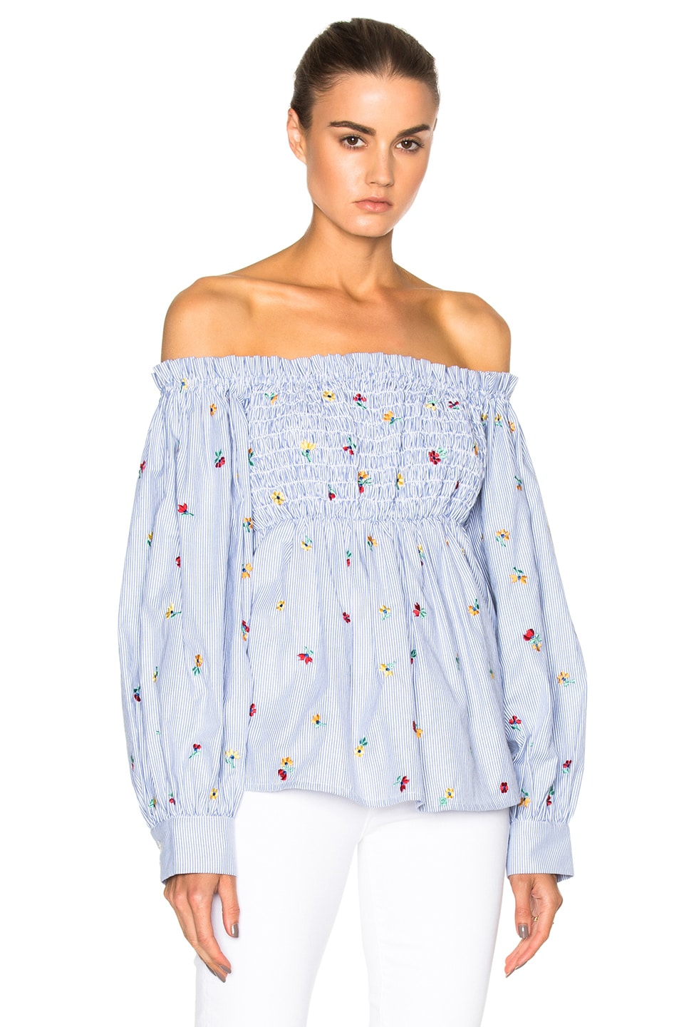 Image 1 of SUNO Smocked Off Shoulder Embroidered Top in Striped Shirt