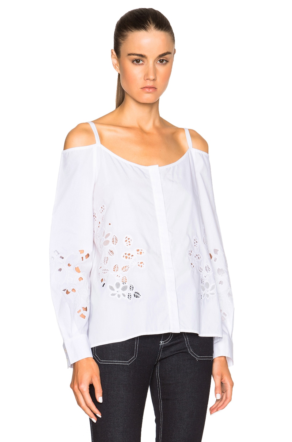 Image 1 of SUNO Off Shoulder Button Down Top in White Embroidery