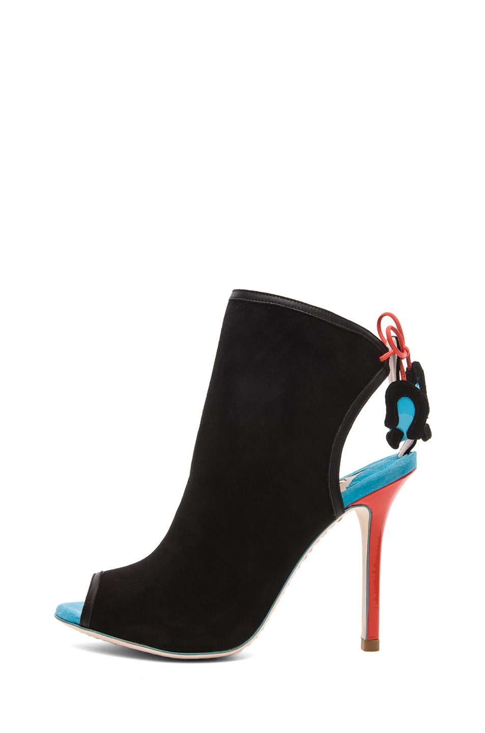 Image 1 of Sophia Webster Tali Suede Peep Toe Ankle Boot in Black Suede & Turquoise & Mandarin Red