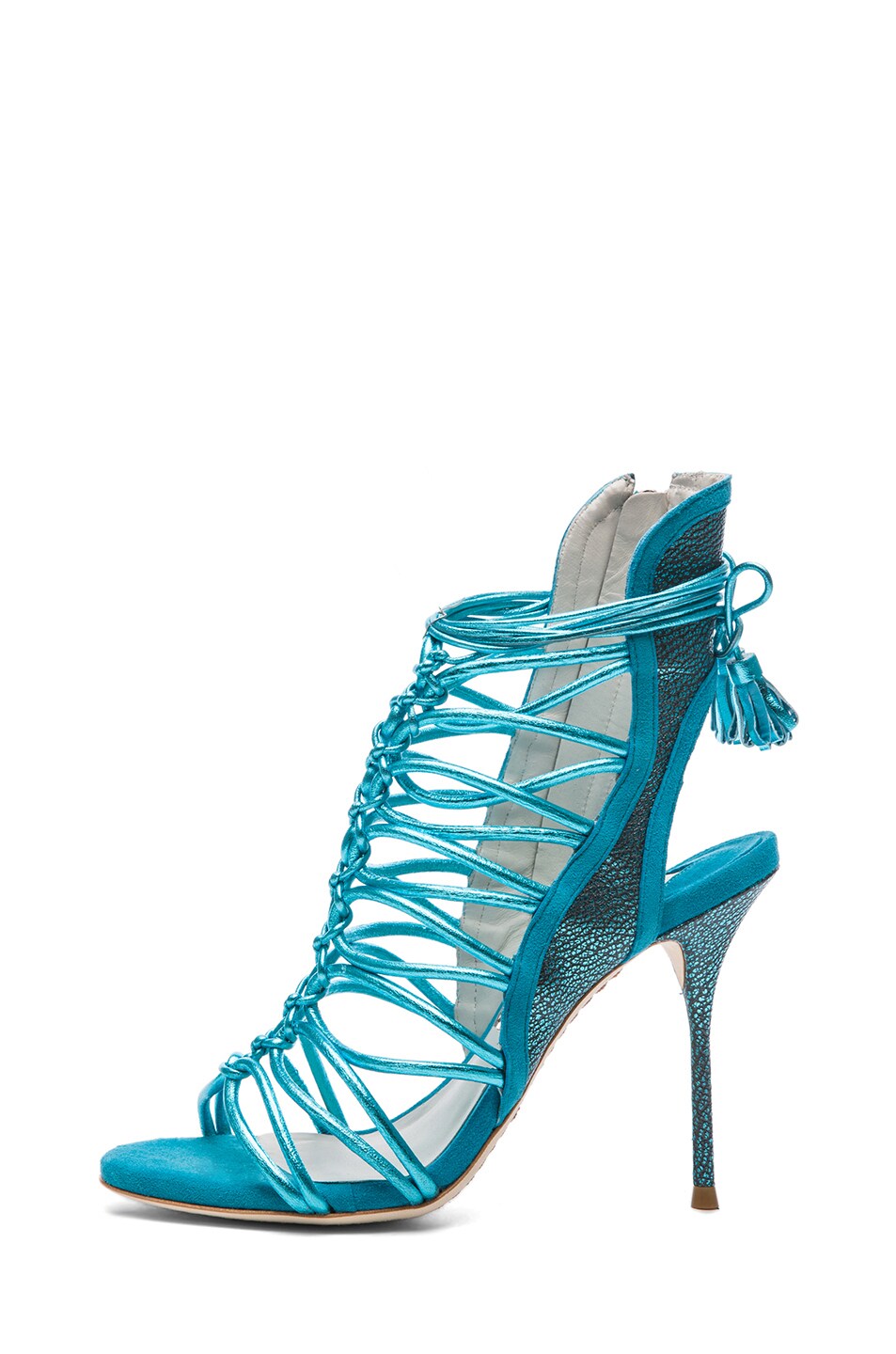 Image 1 of Sophia Webster Lacey Grain Metallic Leather Tie Up Heels in Turquoise Metallic