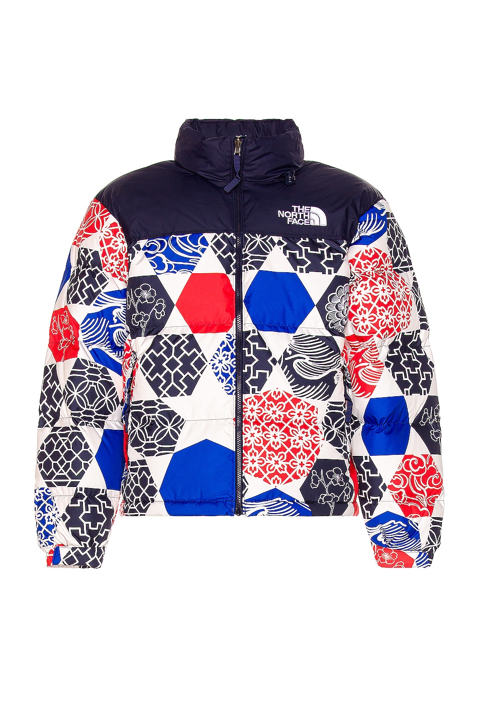 Image 1 of The North Face Printed 1996 Retro Nuptse Jacket in Blue IC Geo Print