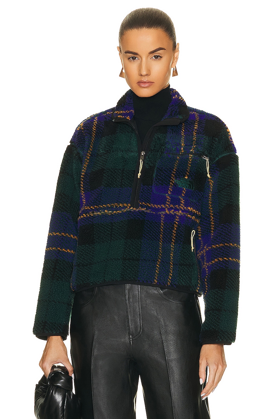 Image 1 of The North Face Jacquard Extreme Pile Pullover Sweater in Ponderosa Green & Half Dome Plaid