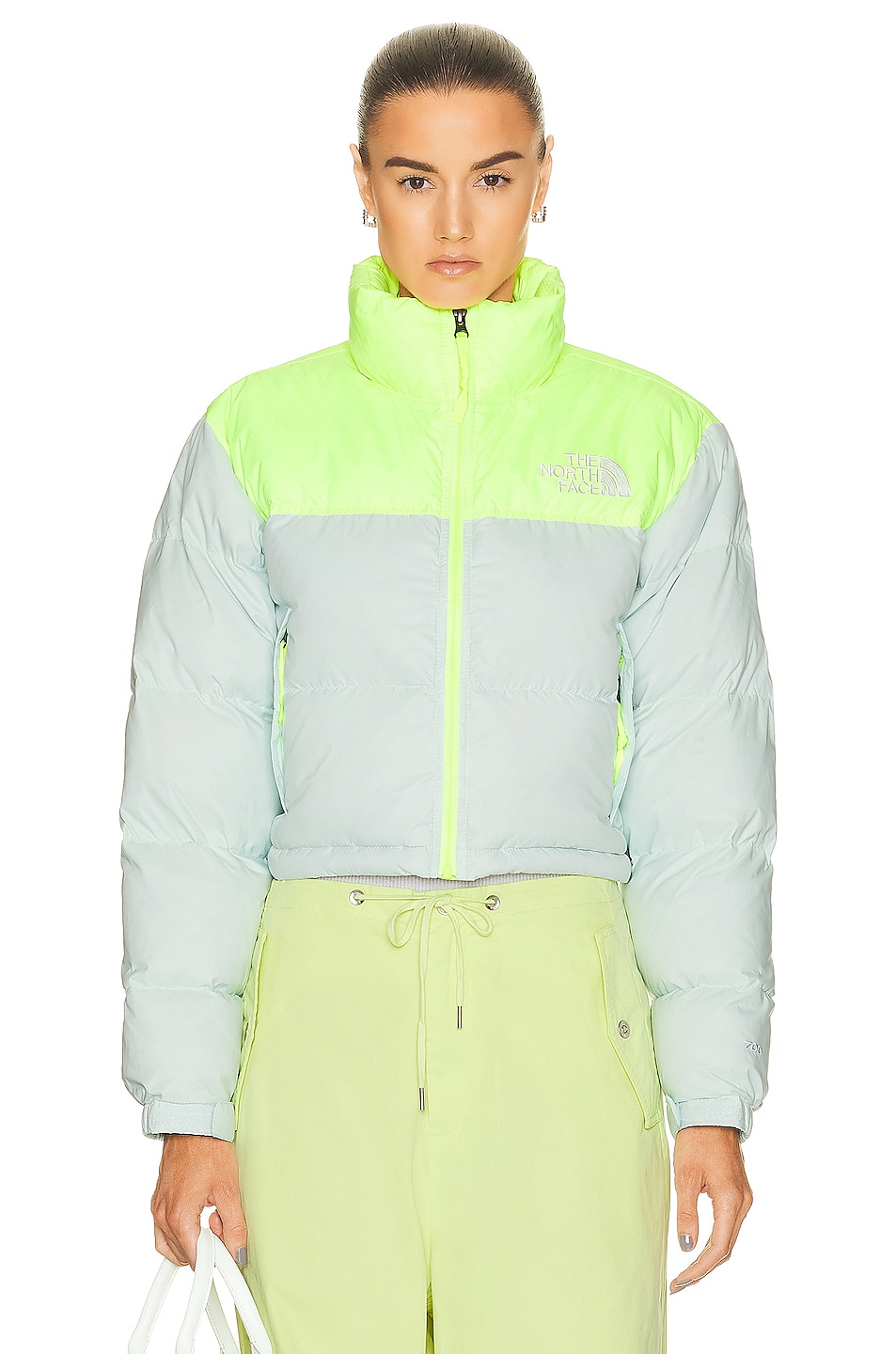 Image 1 of The North Face Nuptse Short Jacket in Skylight Blue & Led Yellow