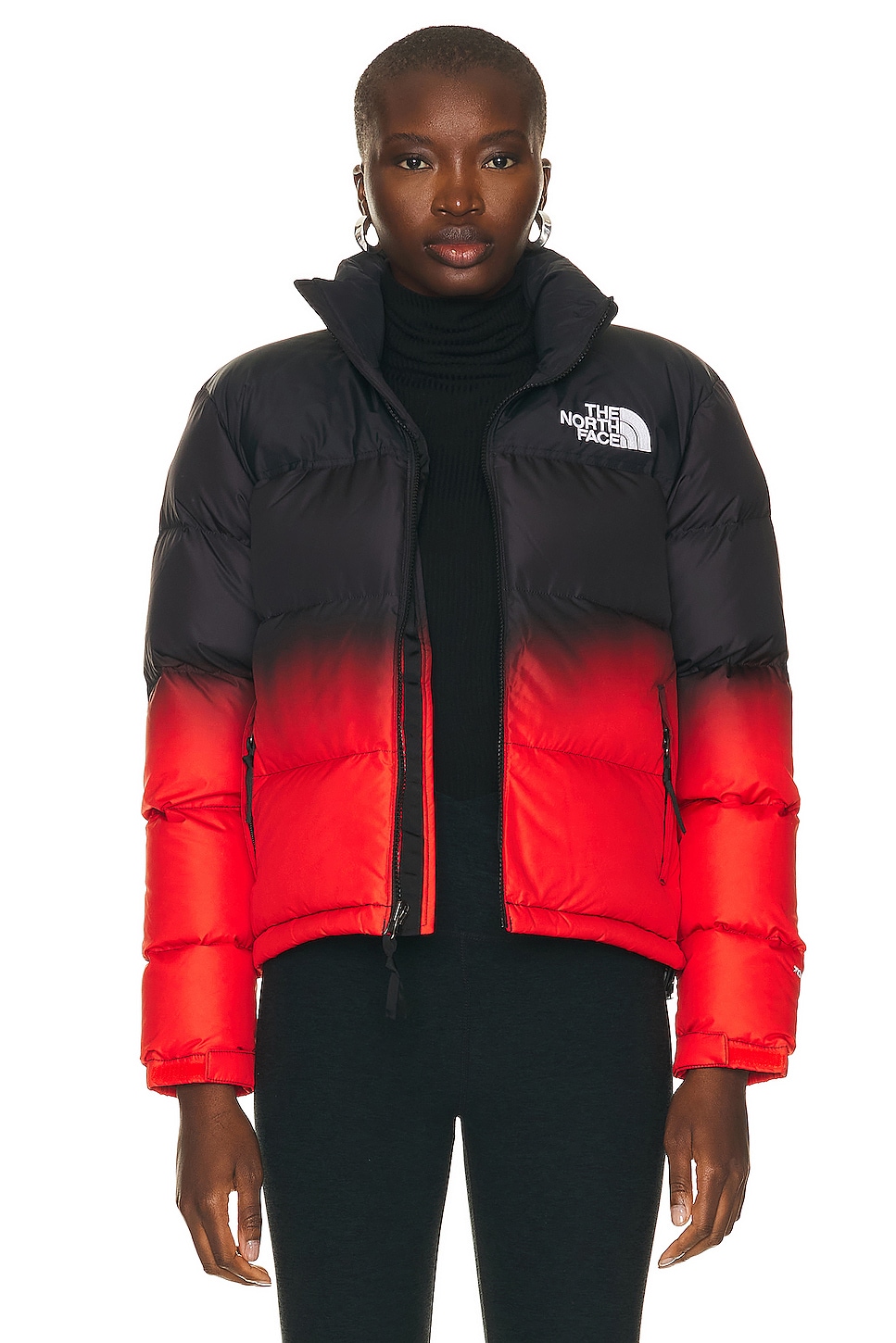 Image 1 of The North Face 96 Nuptse Jacket in Fiery Red Dip Dye Small Print