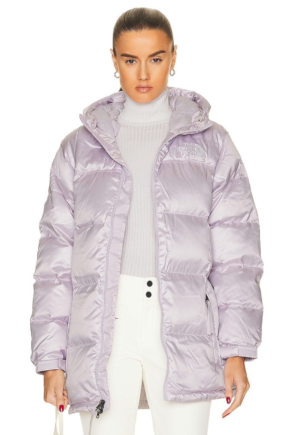 Image 1 of The North Face Nuptse Belted Mid Jacket in Lavender Fog & Shine