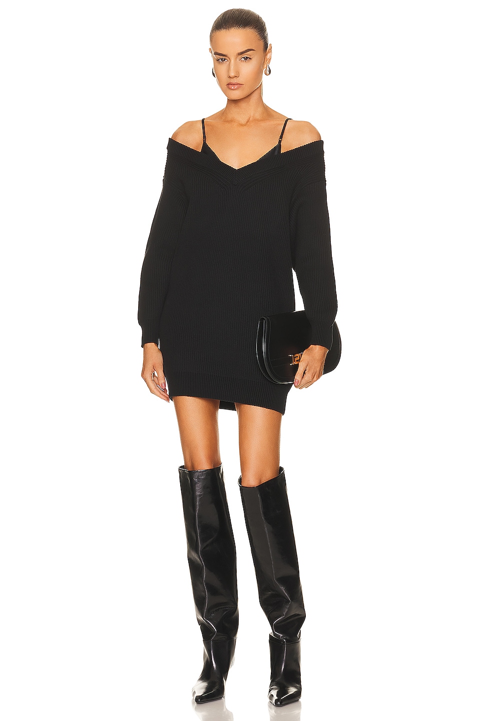 Image 1 of Alexander Wang V-Neck Sweater Dress With Satin Cami in Black