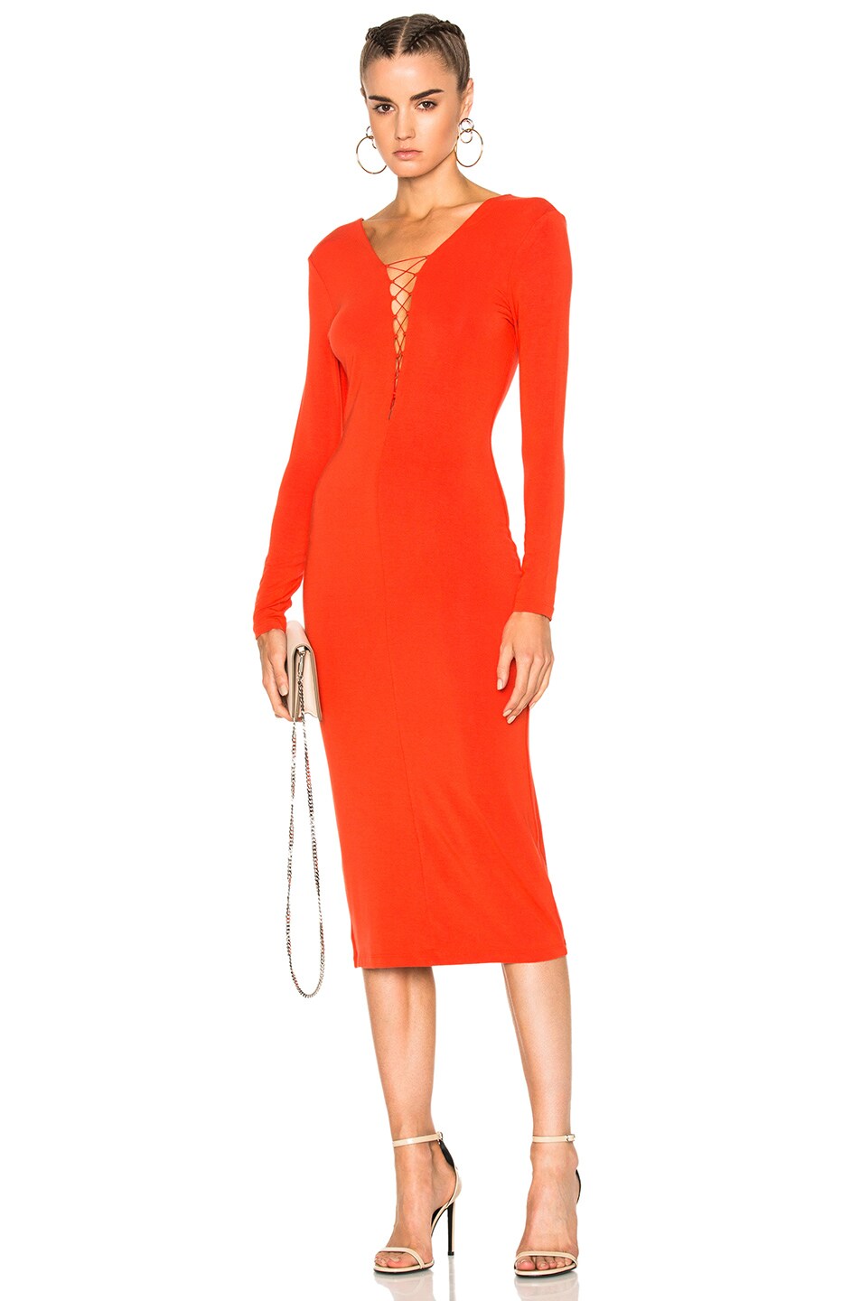 Image 1 of Alexander Wang Micro Modal Spandex Lace Up Long Sleeve Dress in Scarlet